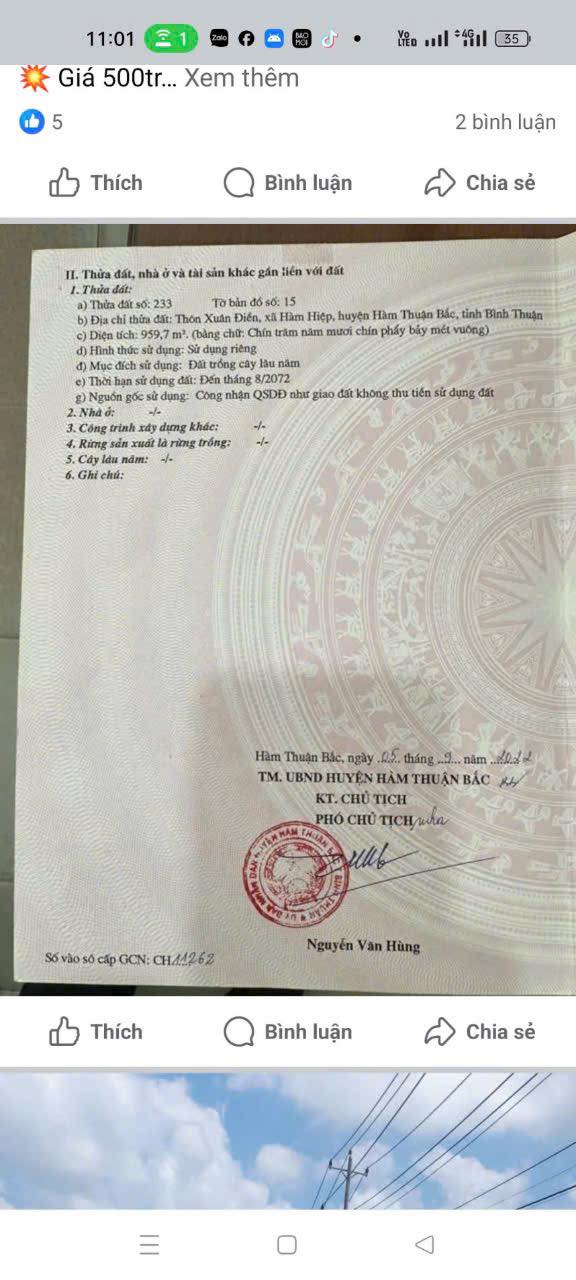 Đất thổ cư Thôn Xuân Điền, xã Hàm Hiệp 3600m² giá 620 triệu - Đầu tư sinh lời ngay!