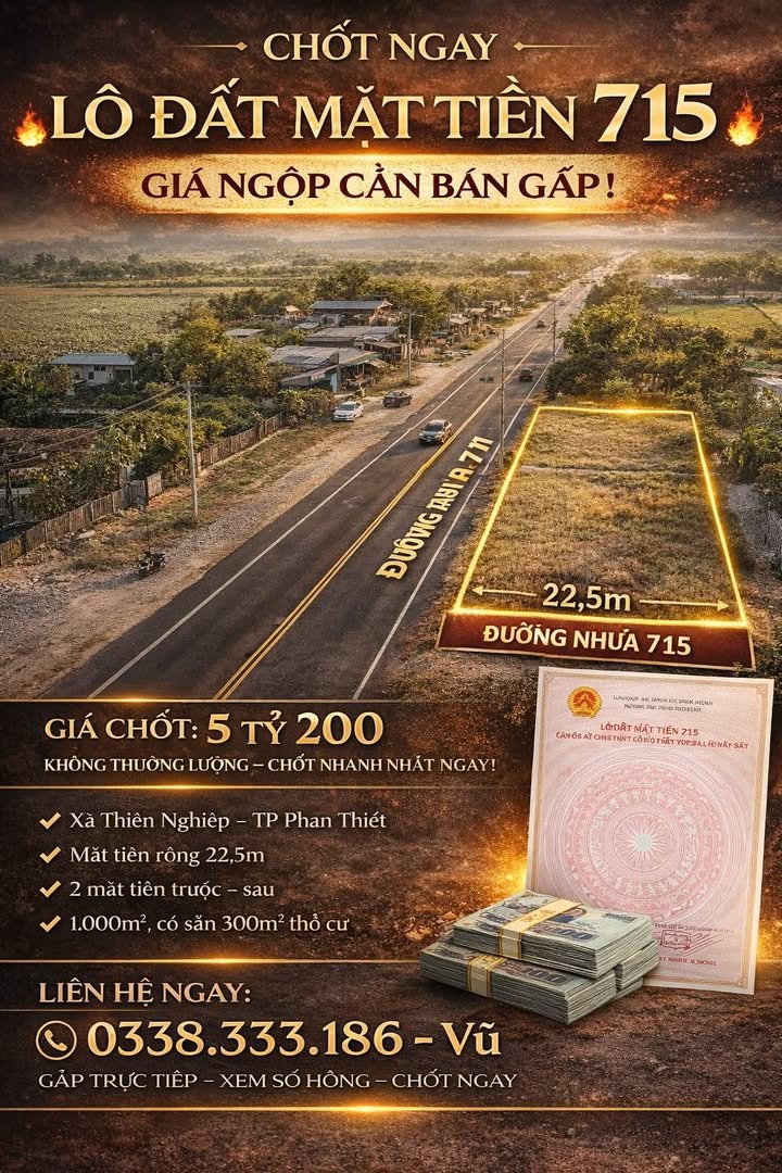 Lô đất mặt tiền 715 xã Thiện Nghiệp 1000m² giá 5.2 tỷ - Đầu tư sinh lời ngay!