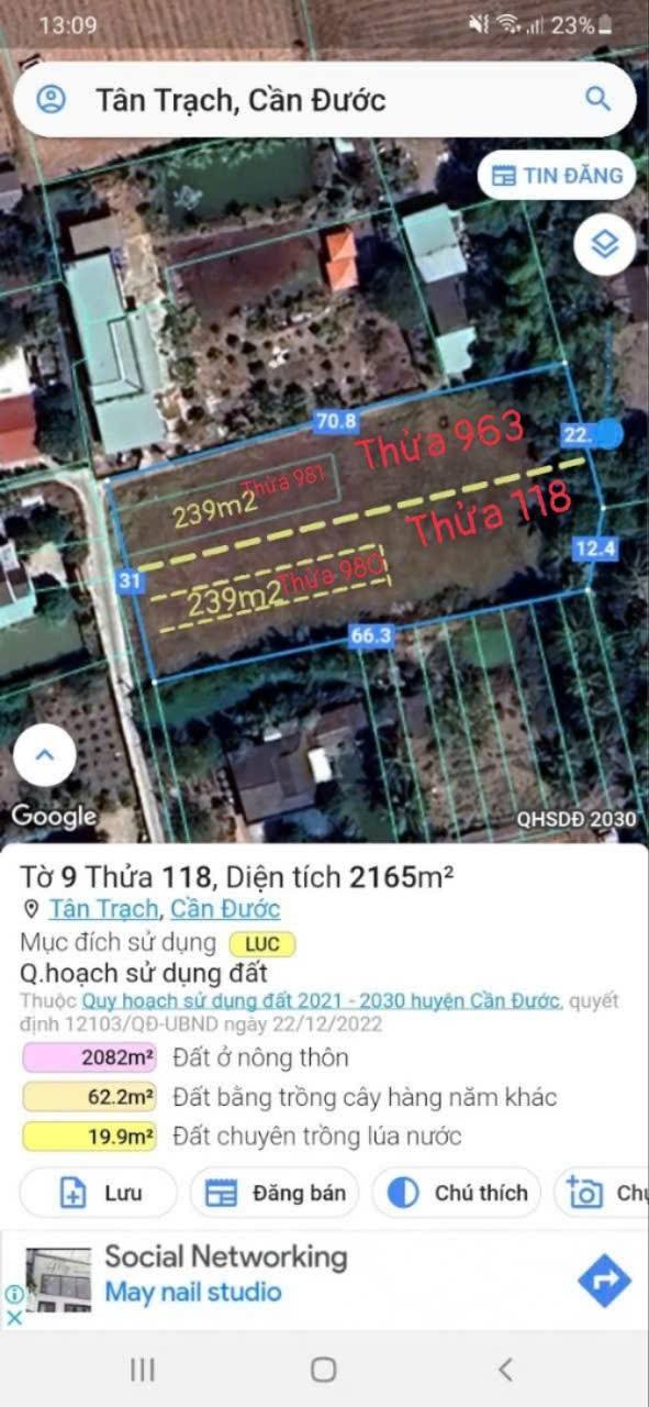 Đất nền thổ cư và lúa Cần Đước 1.089m² - Giá chỉ 2.45 tỷ, xây biệt thự vườn lý tưởng!