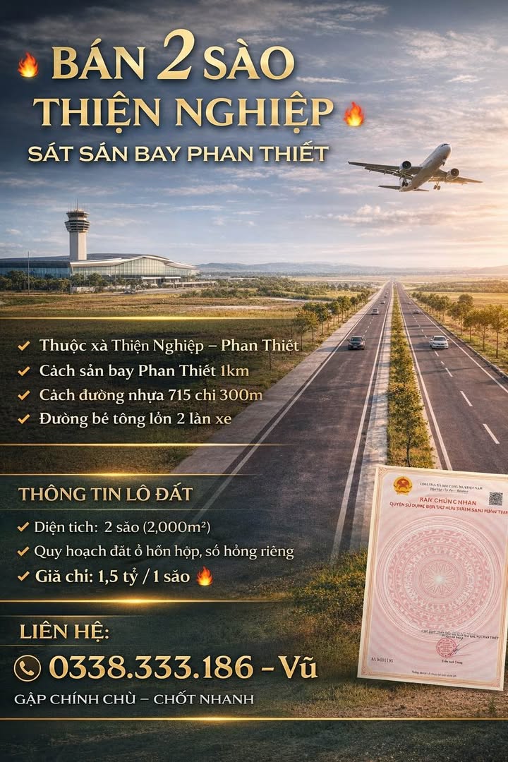 Đất nền Thiện Nghiệp Phan Thiết 2000m² giá 3 tỷ - Cơ hội đầu tư sát sân bay!