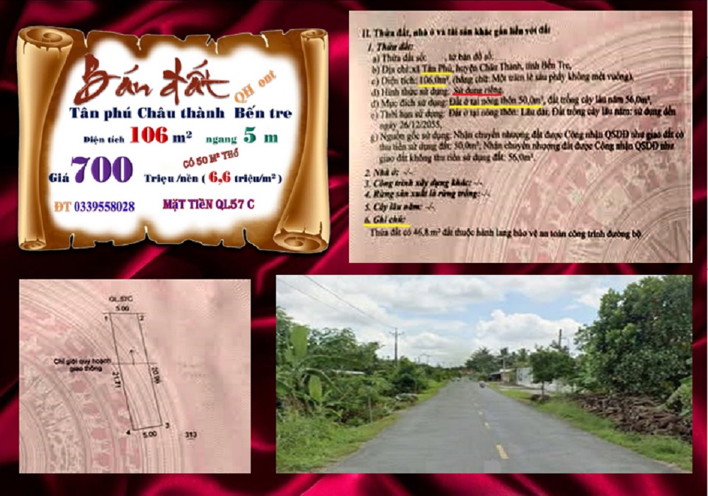 Đất mặt tiền QL57C Tân Phú 106m² giá 700 triệu - Cơ hội đầu tư sinh lời!