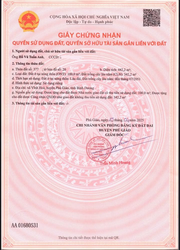 Đất vườn thổ cư 442m² tại Vĩnh Hòa, Phú Giáo - Giá chỉ 2.2 tỷ!