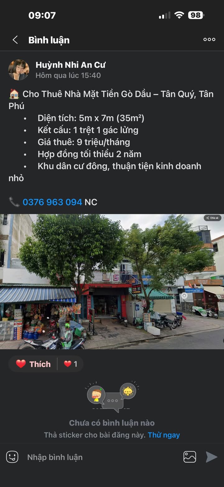 Nhà mặt tiền Tân Hương, Tân Phú 8 triệu/tháng - Kinh doanh đa nghề, giá tốt nhất khu vực!