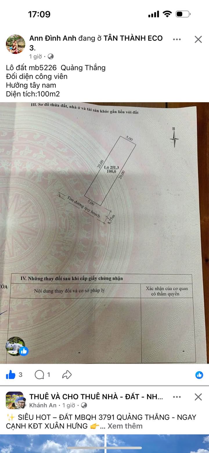 Đất nền Quảng Thắng 100m² giá thỏa thuận - Đối diện công viên