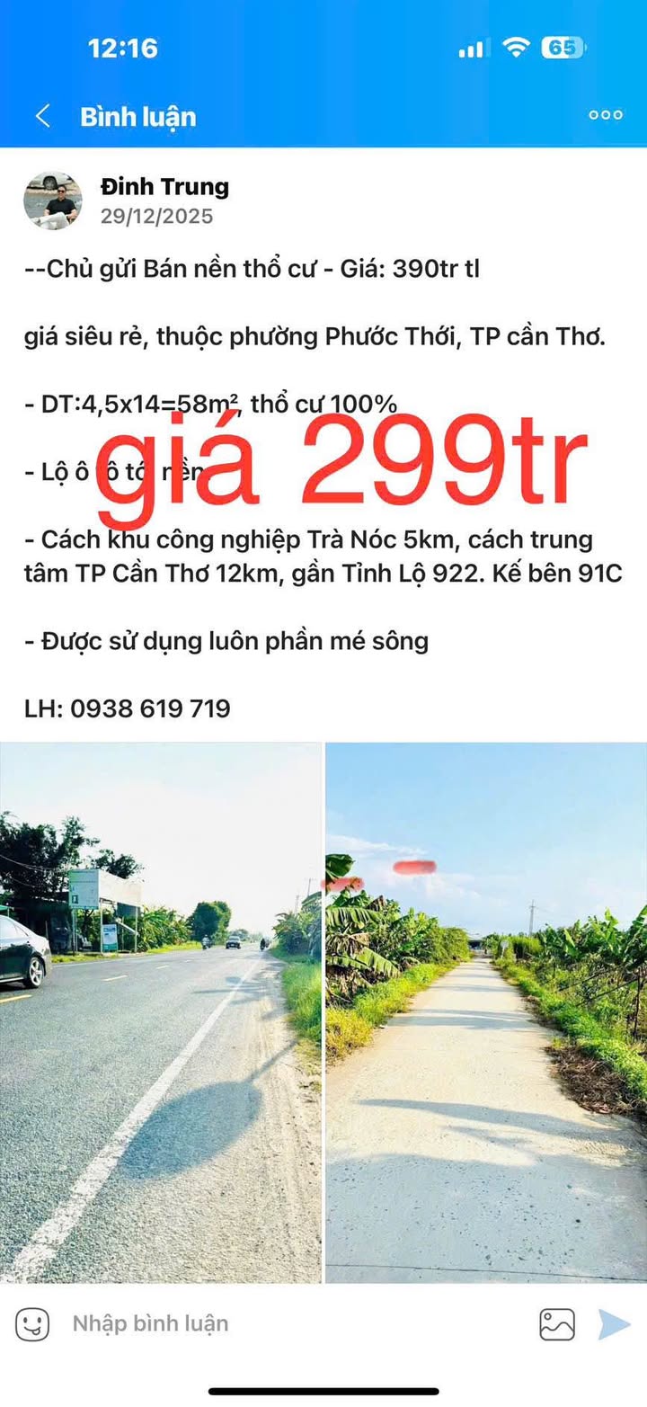 Đất nền thổ cư 58m² giá chỉ 299 triệu - Cơ hội đầu tư tuyệt vời tại Cần Thơ!
