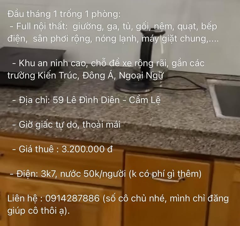 Phòng trọ cho thuê tại 59 Lê Đình Diên, Cẩm Lệ - Full nội thất chỉ 3.2 triệu