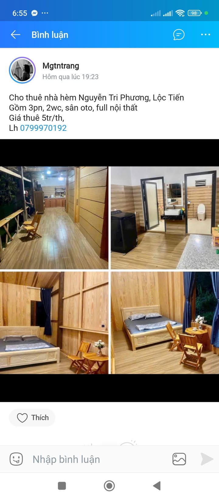 Nhà cho thuê đường Nguyễn Tri Phương, Bảo Lộc 3PN giá 5 triệu - Full nội thất tiện nghi!