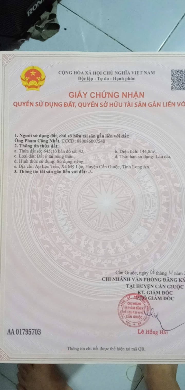 Đất thổ cư 144m² tại ấp Lộc Tiền, Cần Giuộc chỉ 480 triệu - Sổ đỏ chính chủ!