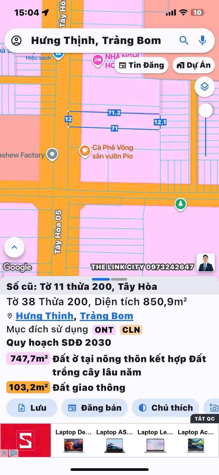Lô đất mặt tiền đường Tây Hòa 5, Trảng Bom, 852m² - Kinh doanh thuận lợi!