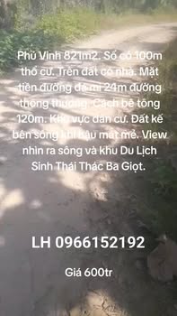 Đất thổ cư Phú Vinh 821m² giá 600 triệu - View sông tuyệt đẹp!