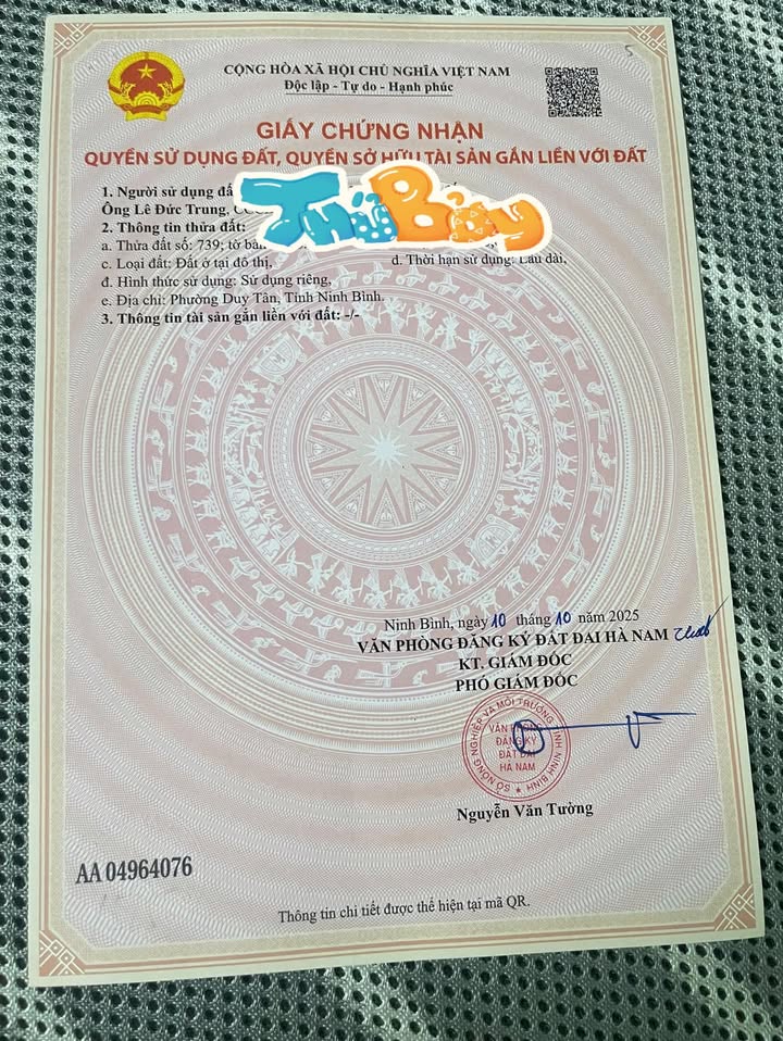 Đất nền KĐT Hoàng Điệp, Duy Tiên 100m² giá 3 tỷ - View công viên hướng Nam!