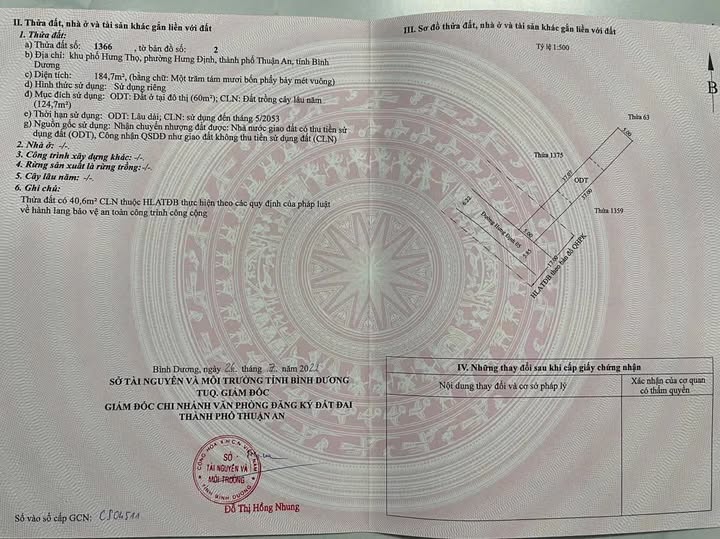 Đất thổ cư Hưng Định 05, Thuận An 184m² giá 3 tỷ - Mặt tiền đường rộng rãi!