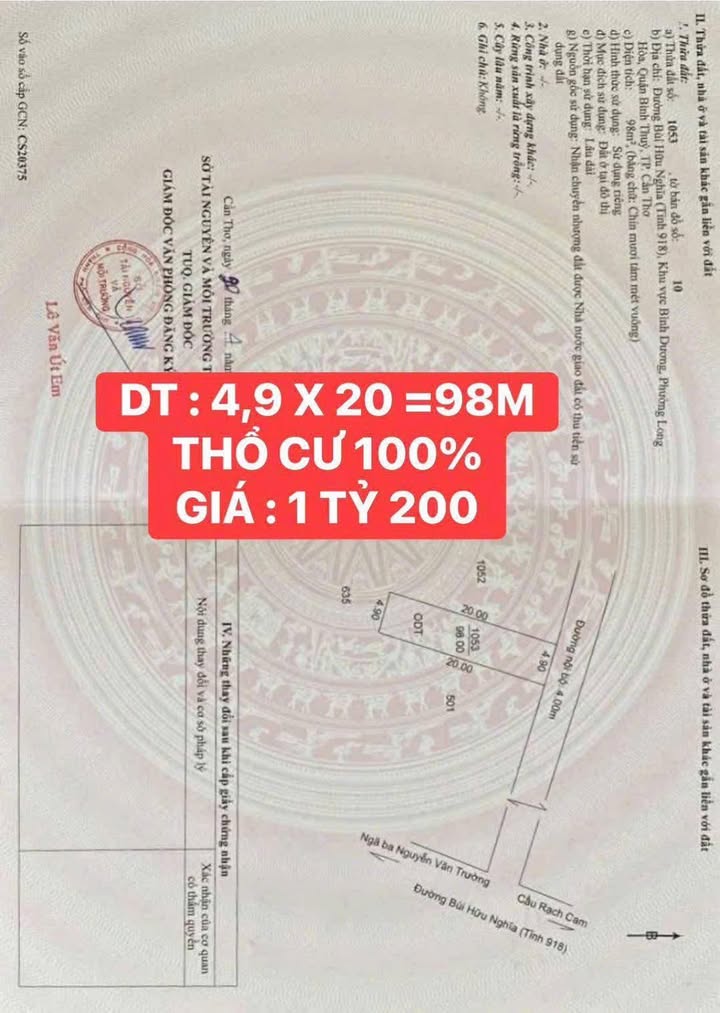 Đất thổ cư 98m² đường Bùi Hữu Nghĩa, quận Bình Thủy - Giá 1.2 tỷ, cơ hội đầu tư tuyệt vời!