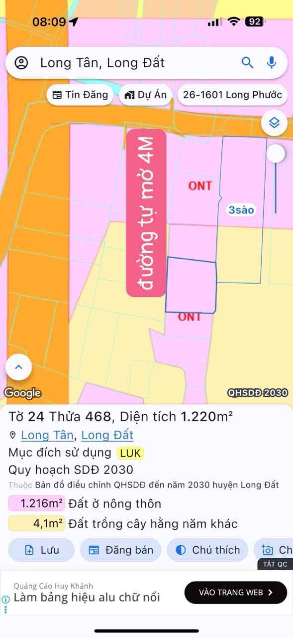 Đất nền Long Tân Bà Rịa - Vũng Tàu 1300m² giá thỏa thuận - Đầu tư sinh lời lý tưởng!