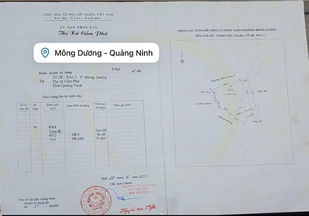 Đất nền Cẩm Phả 574m² giá 400 triệu - Cơ hội đầu tư hiếm có!