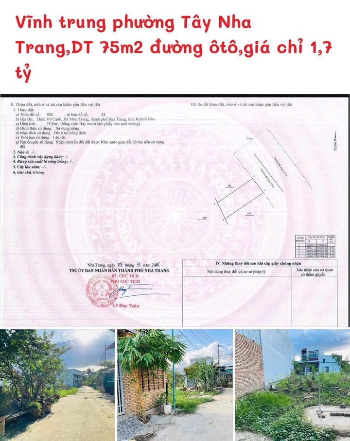 Đất nền phường Tây Nha Trang 75m² giá chỉ 1,7 tỷ - Đường ô tô thuận tiện!