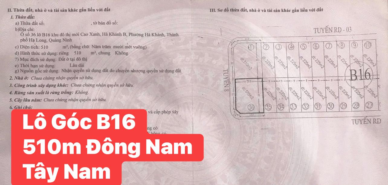 Đất nền Khu đô thị Hà Khánh B, Hạ Long 510m² giá chỉ 3x triệu - Cơ hội vàng đầu tư!