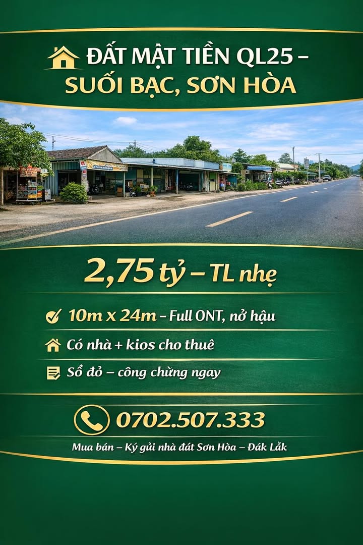 Đất mặt tiền Quốc lộ 25 Suối Bạc 240m² giá 2.75 tỷ - Sổ đỏ chính chủ!