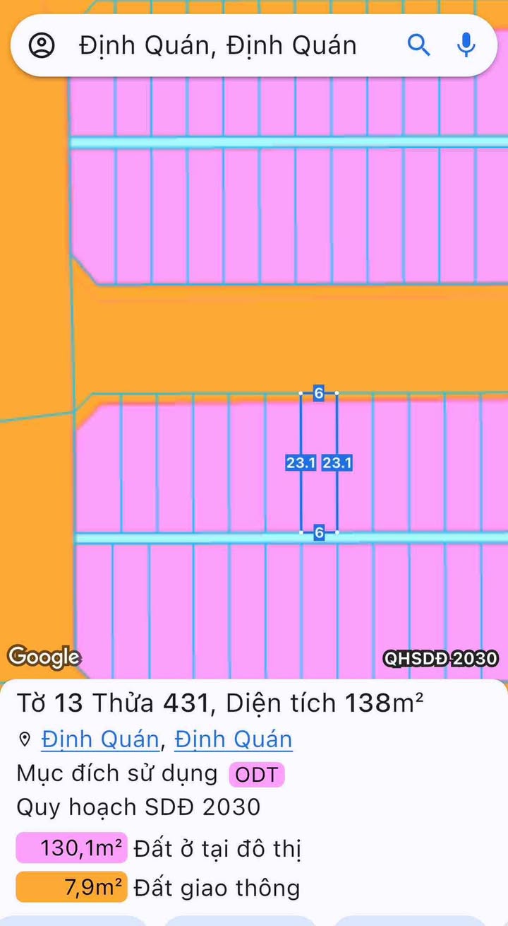 Đất nền Định Quán 138m² giá 2.45 tỷ - Sổ đỏ chính chủ, thuận tiện đầu tư!