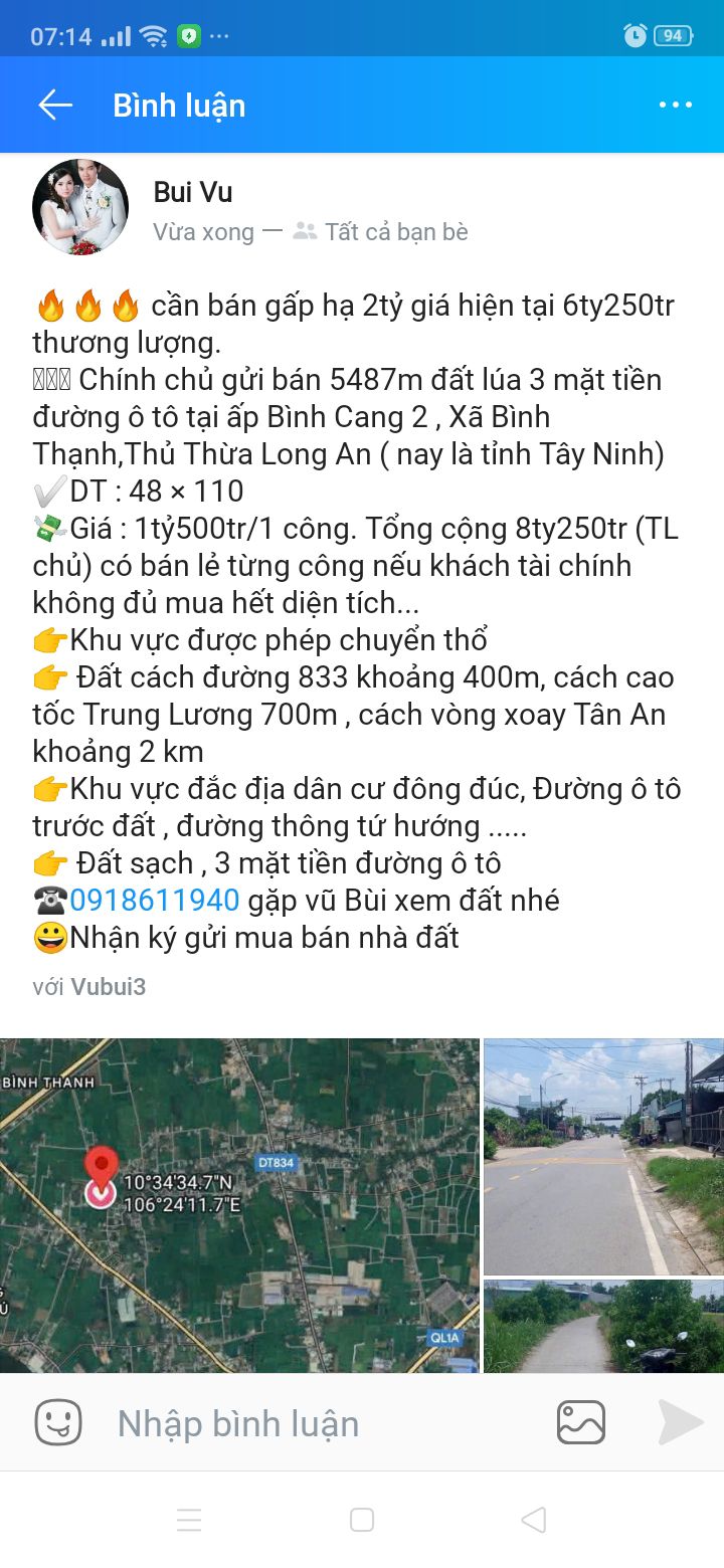 Đất 3 mặt tiền ô tô tại ấp Bình Cang 2, Long An 5487m² giá 6.25 tỷ - Cơ hội đầu tư hấp dẫn!