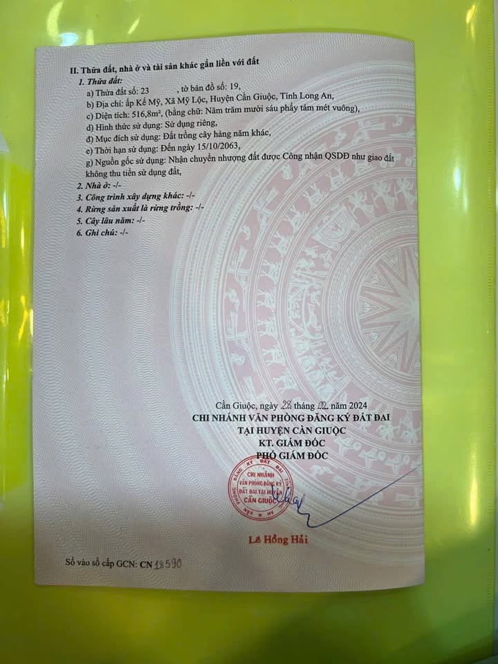 Đất vườn Mỹ Lộc Cần Giuộc 516m² giá 1.95 tỷ - Đường 2 mặt tiền thuận lợi!