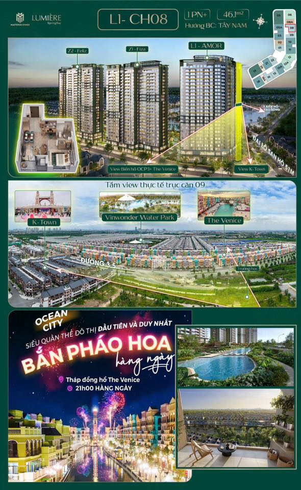Căn hộ Lumiere Spring Bay Hưng Yên 46,1m² giá 3.8 tỷ - Tầng trung view pháo hoa cầu Đông Tây!