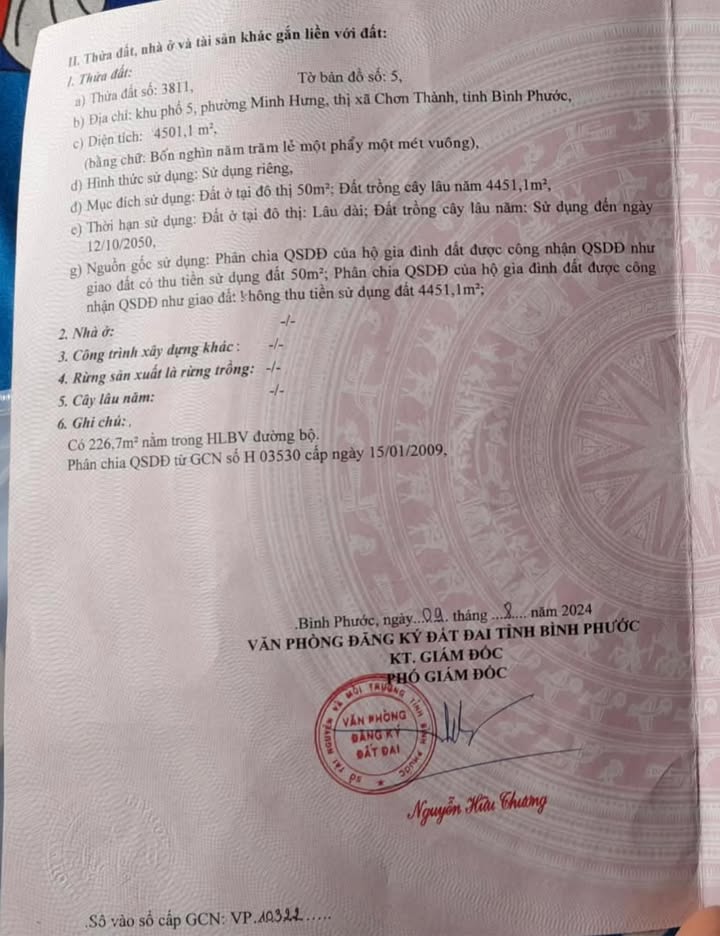 Đất thổ cư 4501m² tại phường Minh Hưng, Chơn Thành - Gần khu công nghiệp, giá 5.5 tỷ!