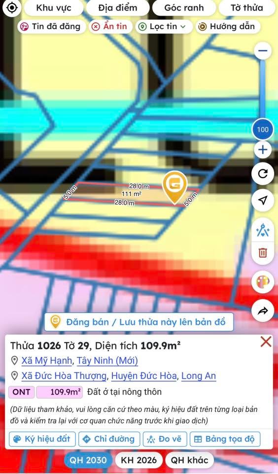 Đất thổ cư Mỹ Hạnh, Đức Hoà, Long An 107m² giá 1.1 tỷ - Sổ đỏ chính chủ, thuận tiện đi lại!