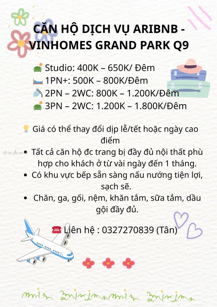 Căn hộ dịch vụ Vinhomes Grand Park Quận 9 - Cho thuê theo ngày, đầy đủ nội thất!