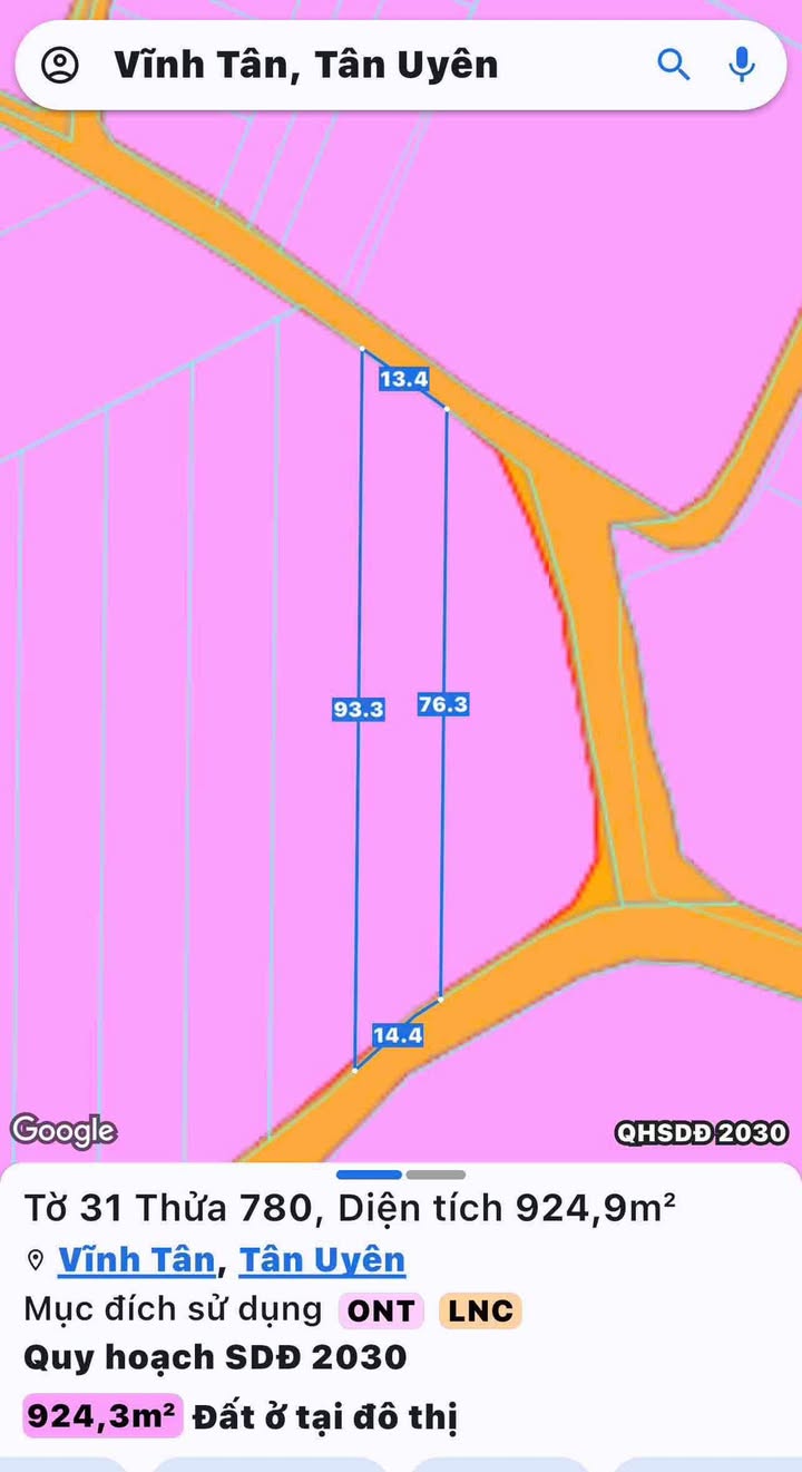 Đất 2 mặt tiền Vĩnh Tân, Tân Uyên 924m² giá 7.5 tỷ - Đầu tư sinh lời cao!