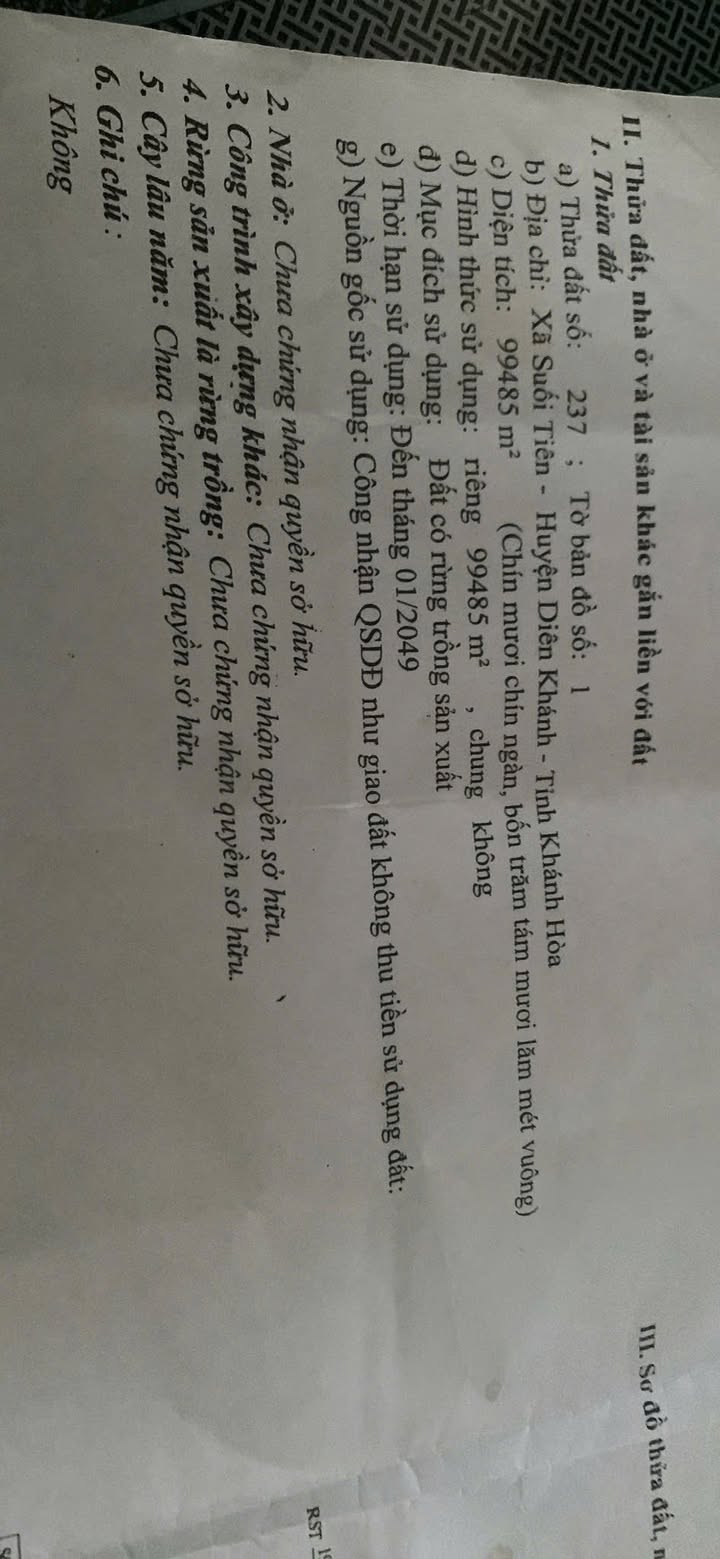 Đất rẫy Suối Tiên, Diên Khánh 99.485m² giá 8 tỷ - Cơ hội đầu tư hấp dẫn!