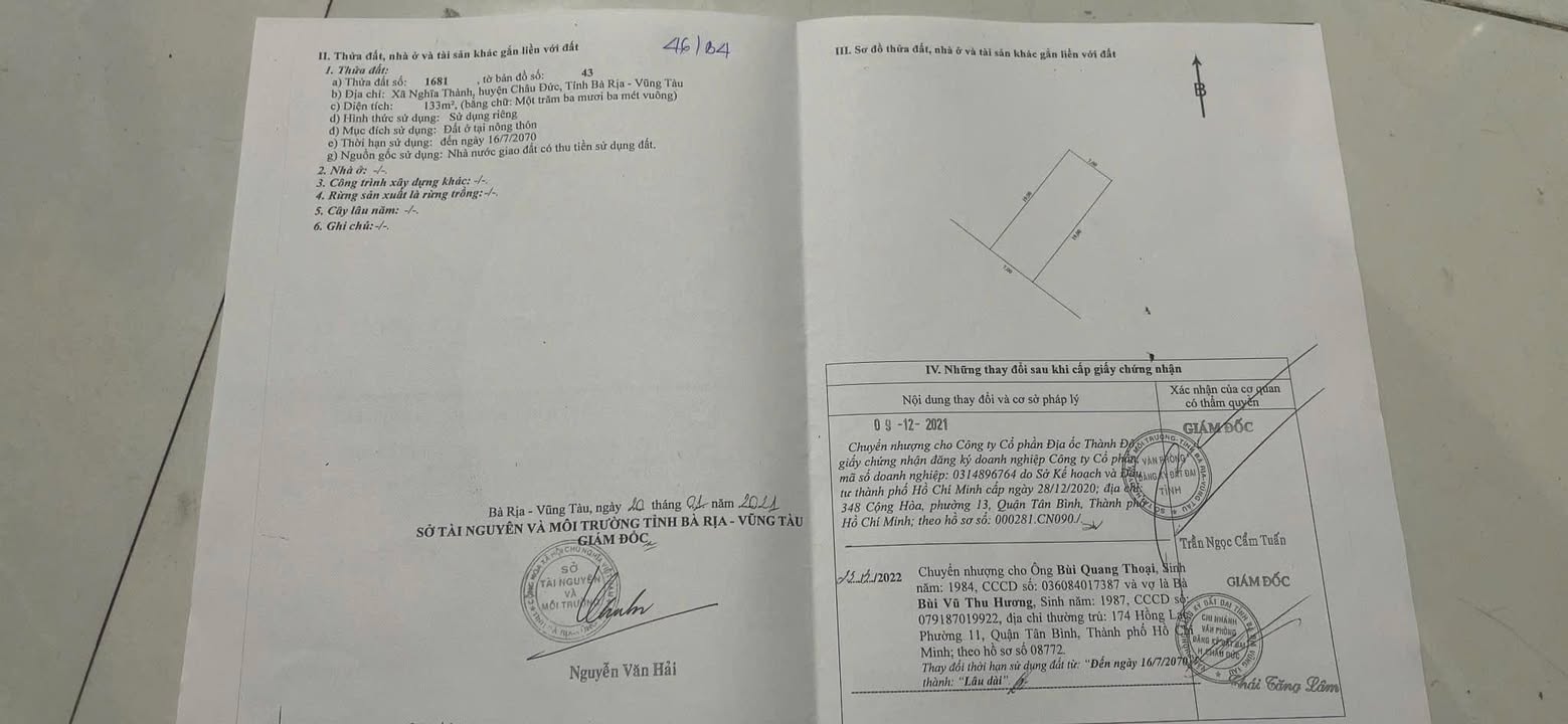 Đất thổ cư mặt tiền đường nhựa xã Nghĩa Thành Châu Đức 133m² giá 1.9 tỷ - Đầu tư sinh lời ngay!