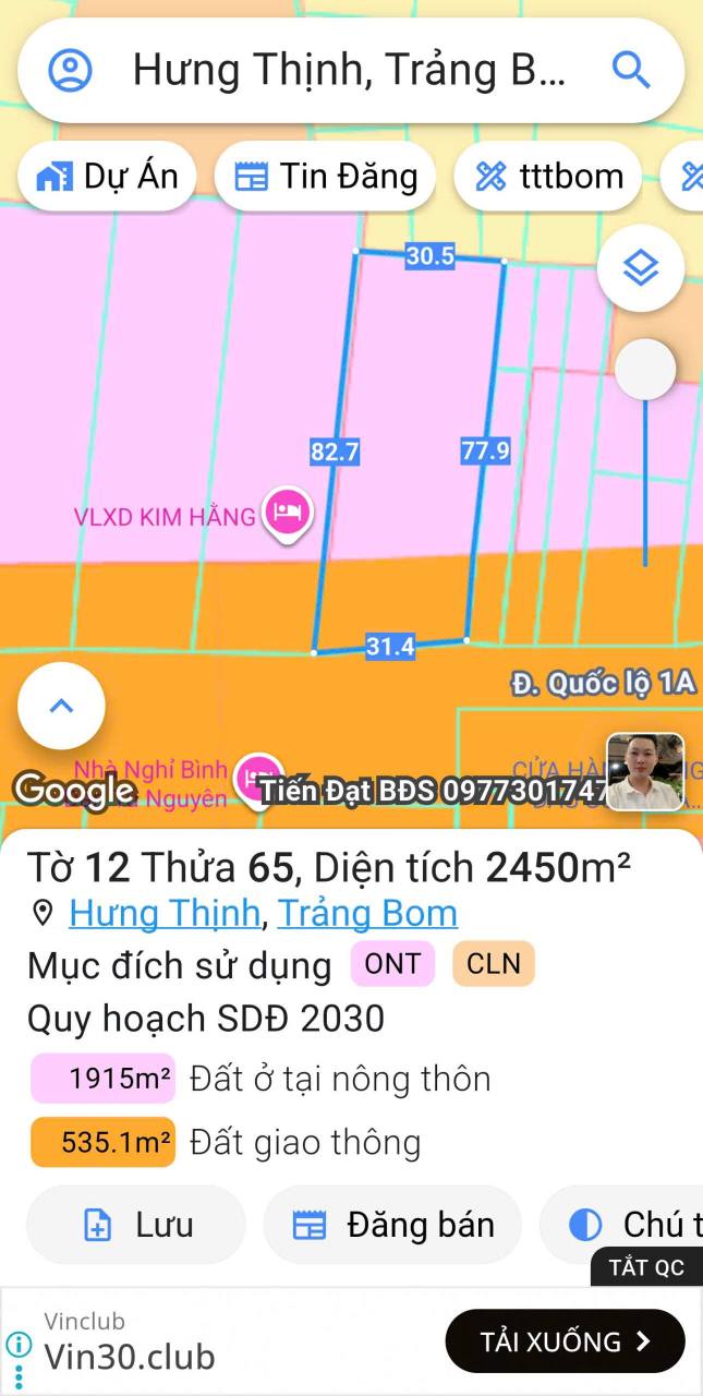 Đất thổ cư 2636m² mặt tiền Quốc lộ 1A - Cơ hội đầu tư kinh doanh sinh lời!