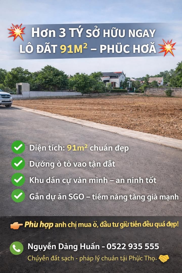 Lô đất Phúc Hòa 91m² giá 3 tỷ - Đầu tư sinh lời tiềm năng!