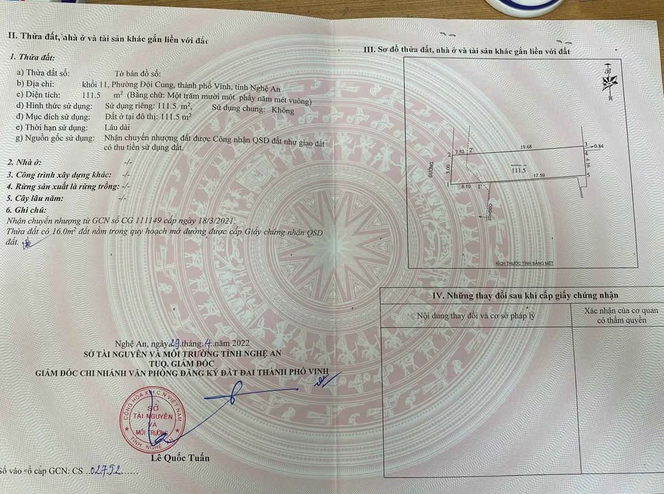 Đất nền khu phố 11, phường Đội Cung, TP Vinh 111,5m² - Giá chỉ 2.89 tỷ, vị trí đắc địa!