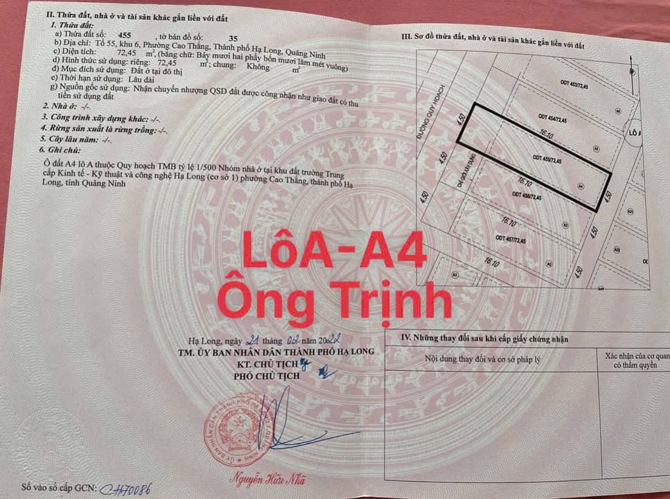 Đất nền dự án Ô Trịnh, Cao Thắng, 72.45m² - Sổ đỏ chính chủ, giá tốt!