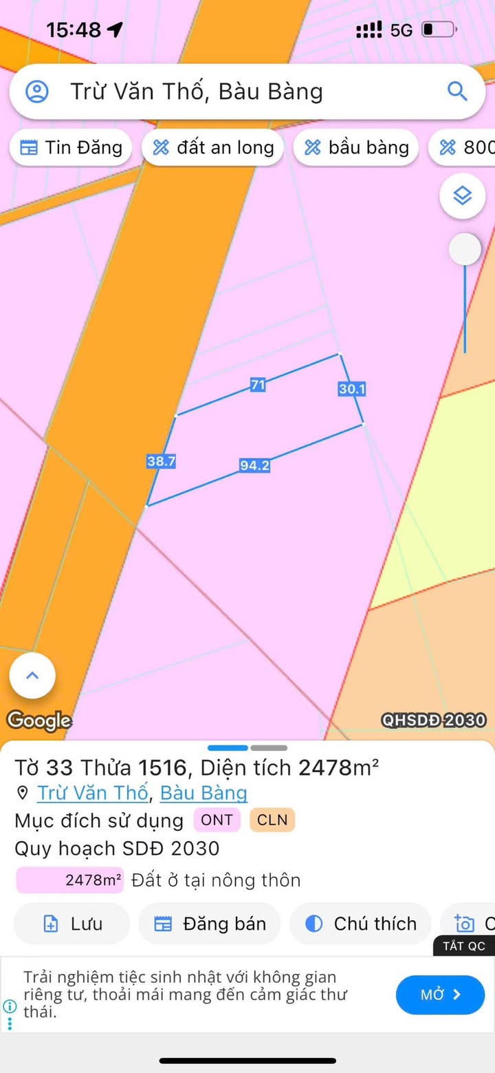 Đất mặt tiền đường Trừ Văn Thố Bàu Bàng 3572m² giá 5 tỷ - Cơ hội đầu tư hấp dẫn!