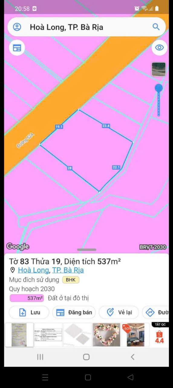 Đất nền đường 52A Hòa Long, Bà Rịa 537m² giá 4.8 tỷ - Cơ hội đầu tư tuyệt vời!