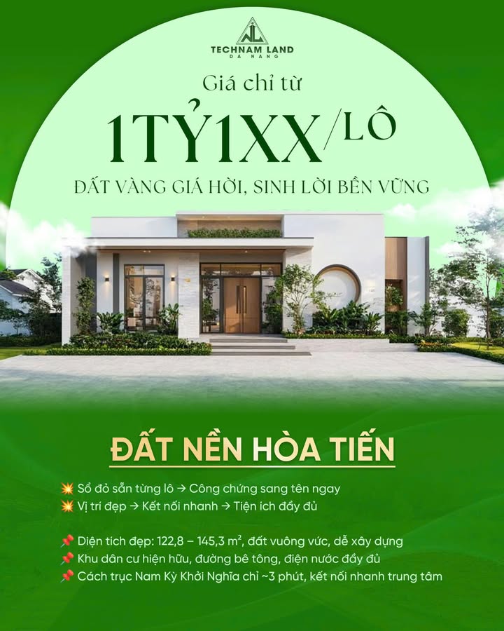 Đất nền Hòa Tiến Đà Nẵng 122m² giá 1.1 tỷ - Cơ hội đầu tư sinh lời bền vững!