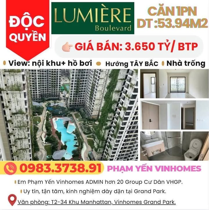 Căn hộ 1PN Lumière Boulevard Thủ Đức 53.94m² giá 3.65 tỷ - Cơ hội đầu tư hiếm có!