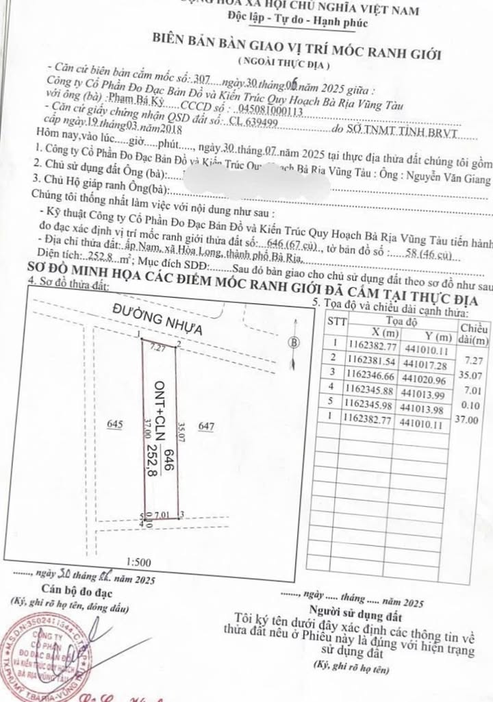 Đất nền Hòa Long, Bà Rịa 252m² giá 2.45 tỷ - Cơ hội đầu tư tuyệt vời!