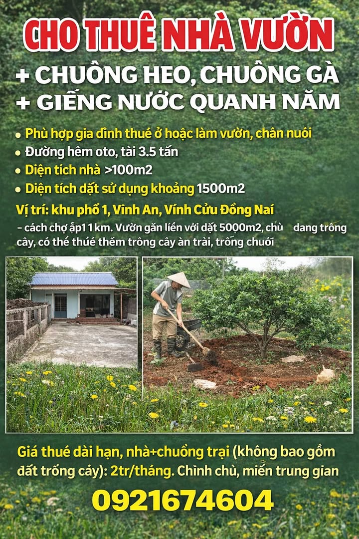 Nhà cho thuê tại Vĩnh An, Vĩnh Cửu, Đồng Nai - Không gian rộng rãi với vườn tươi mát!