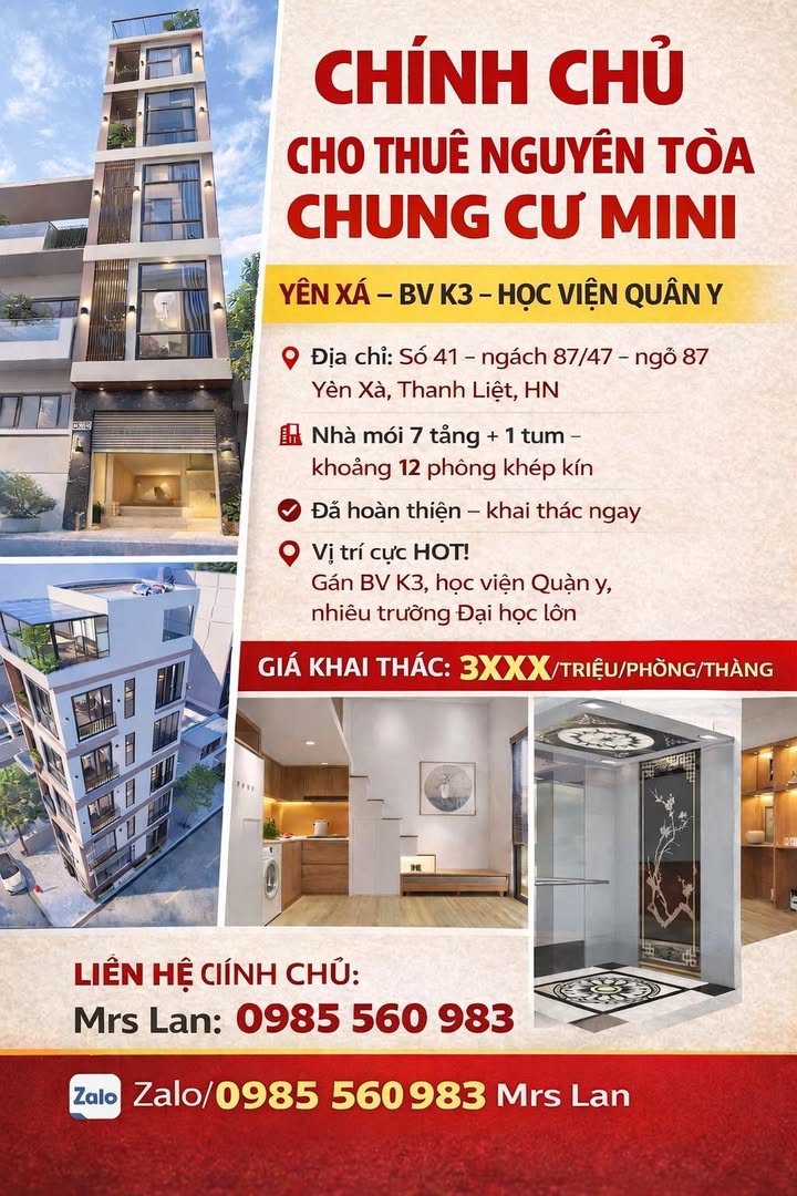 Chính chủ cho thuê nhà nguyên căn chung cư mini 7 tầng - Đầy đủ tiện nghi tại Yên Xá, Thanh Trì