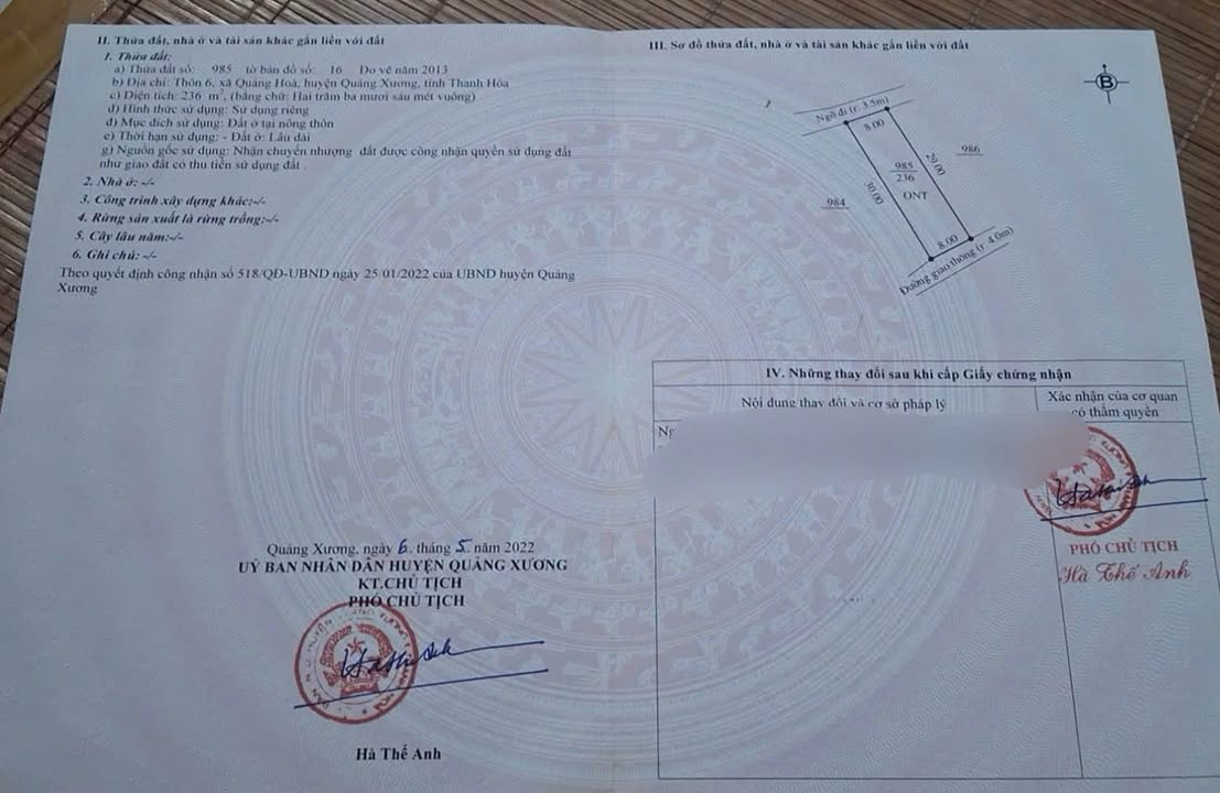 Đất nền Quảng Xương 236m² giá 800 triệu - Cơ hội đầu tư hấp dẫn!