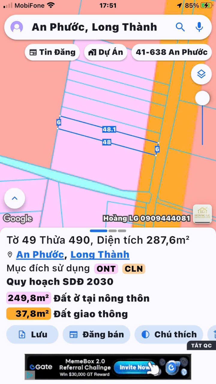 Đất mặt tiền đường liên xã An Phước, Long Thành 287.6m² giá 2.3 tỷ - Tiềm năng đầu tư sinh lời!