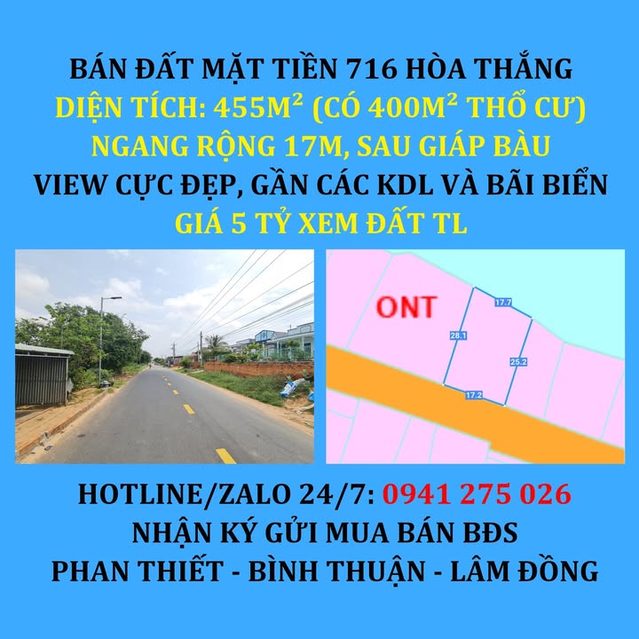 Đất nền 455m² Hòa Thắng, Bắc Bình - View đẹp, giá thỏa thuận!