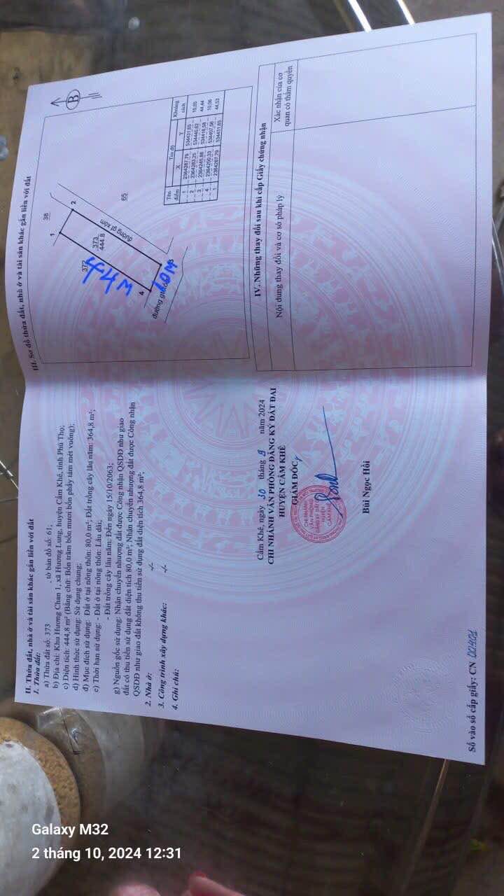 Đất thổ cư Hương Lung, Cẩm Khê, 444m² giá 900 triệu - Ngay gần tỉnh lộ 313E!