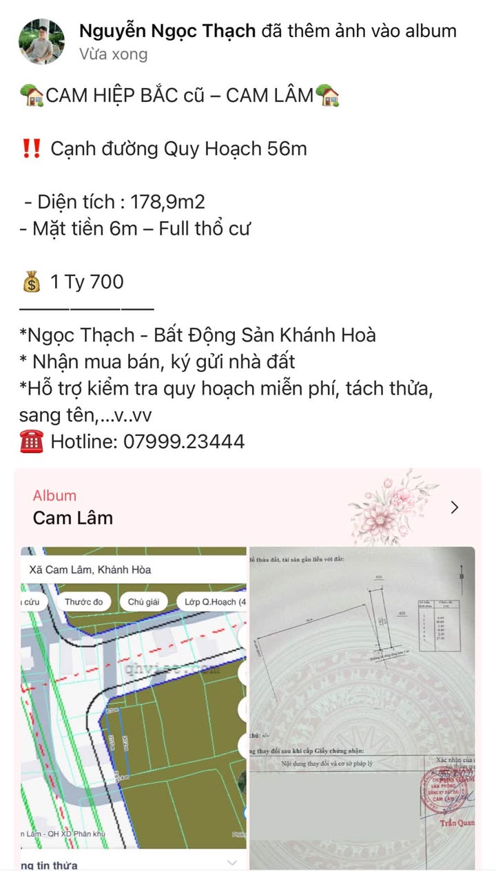 Đất thổ cư Cam Hiệp Bắc, Cam Lâm 178m² giá 1.7 tỷ - Đầu tư sinh lời ngay!
