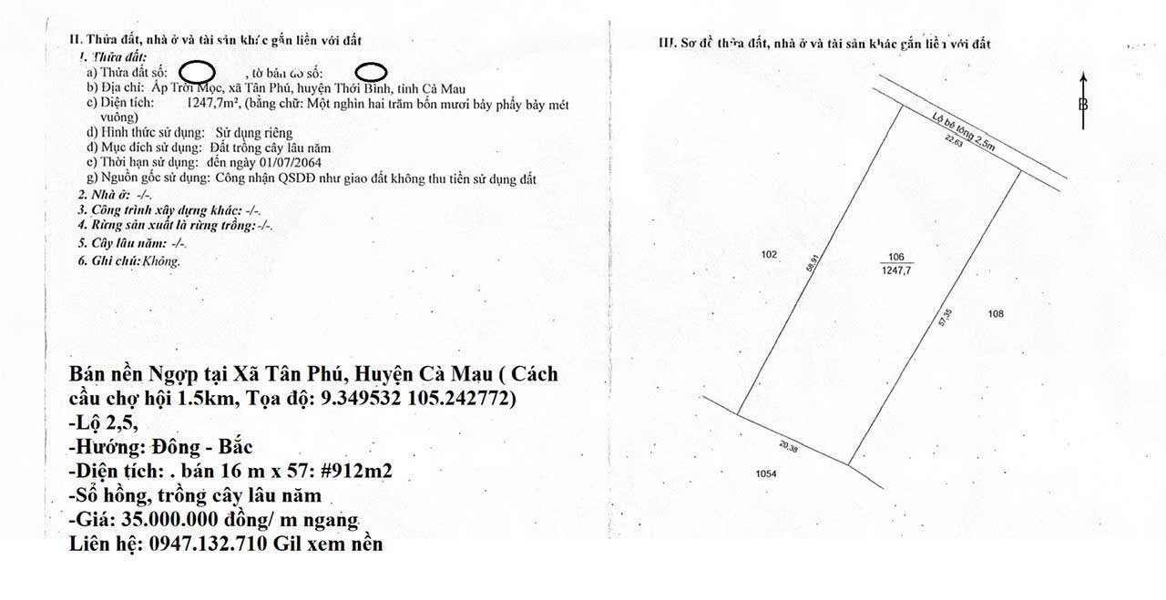 Đất nền đầu tư Tân Phú, Thới Bình, Cà Mau 912m² giá 320 triệu - Nền đất cao ráo, pháp lý rõ ràng!