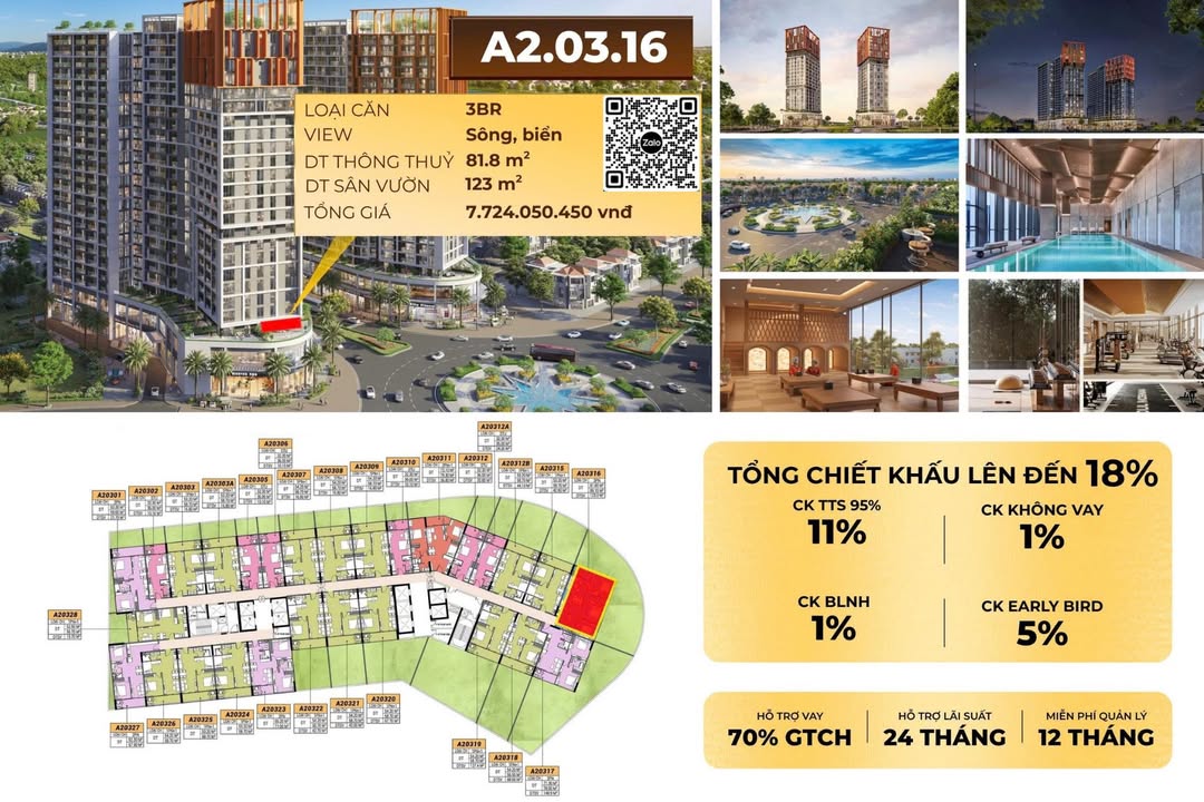 Căn hộ 3PN Sun Cora Tower Đà Nẵng 81m² giá 6.33 tỷ - Sân vườn riêng cực hiếm!